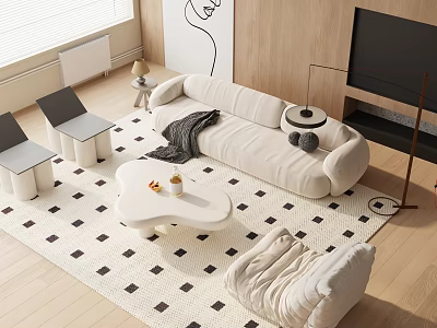 Modern Living Room With Beige Sofa And White Coffee Table Set Checkered Rug Line Art 3d model