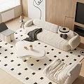 Modern Living Room With Beige Sofa And White Coffee Table Set Checkered Rug Line Art