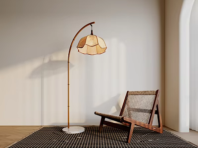 Minimalist Floor Lamp with Linen Shade Next to Wooden Chair on Checkered Rug 3d model