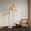 Minimalist Floor Lamp with Linen Shade Next to Wooden Chair on Checkered Rug