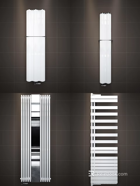 White Radiators In Various Designs On Dark Tiled Wall For Home Heating 3d model 