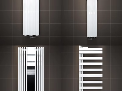White Radiators In Various Designs On Dark Tiled Wall For Home Heating 3d model