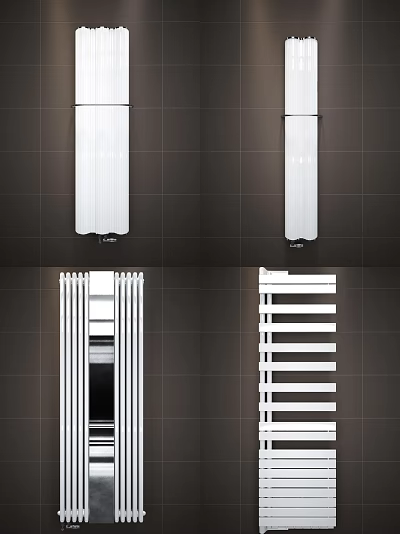 White Radiators In Various Designs On Dark Tiled Wall For Home Heating 3d model