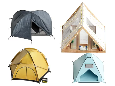 Various Tents Collection Featuring Gray Dome Yellow Camping Mesh Wood Frame and Light Blue 3d model
