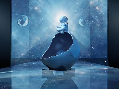 Astronaut Sitting On Broken Planet With Starry Sky Two Moons And Reflective Floor 3d model