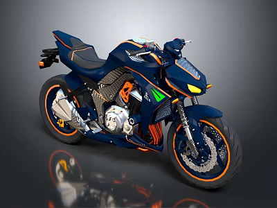 Deep Blue Sport Motorcycle With Orange Accents Green Details And Streamlined Design 3d model