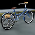 Blue Bicycle With Brown Seat Training Wheels And Yellow Handlebar Accents