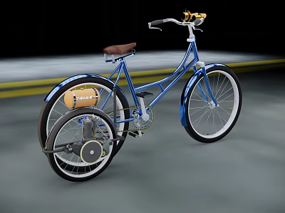 Blue Bicycle With Brown Seat Training Wheels And Yellow Handlebar Accents 3d model