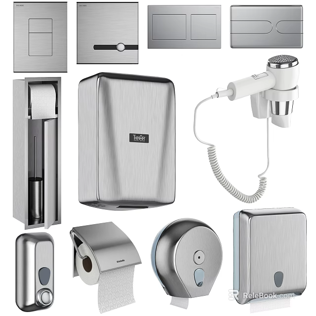 Modern Stainless Steel Bathroom Accessories Set With Hand Dryer Soap Dispenser And Toilet Paper Holder 3d model 