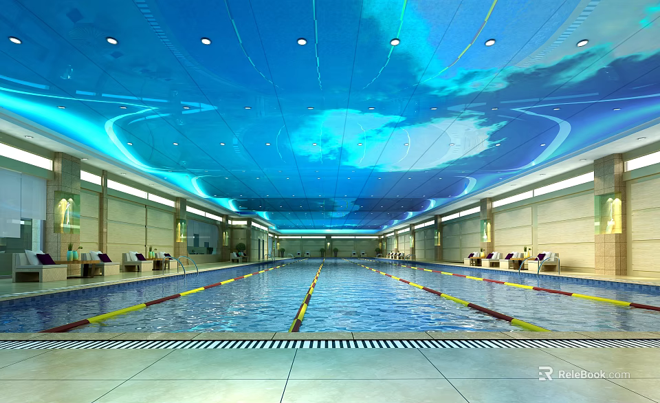 Indoor Swimming Pool With Blue Cloud Ceiling Design Yellow Lane Dividers And Rest Chairs 3d model 