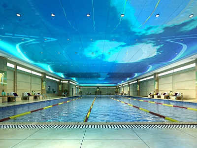 Indoor Swimming Pool With Blue Cloud Ceiling Design Yellow Lane Dividers And Rest Chairs 3d model