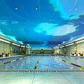 Indoor Swimming Pool With Blue Cloud Ceiling Design Yellow Lane Dividers And Rest Chairs