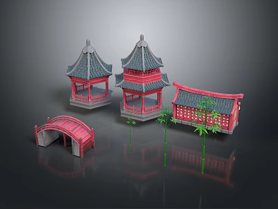 Chinese Traditional Architecture Models With Red Bridge And Bamboo Plants 3d model