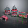Chinese Traditional Architecture Models With Red Bridge And Bamboo Plants