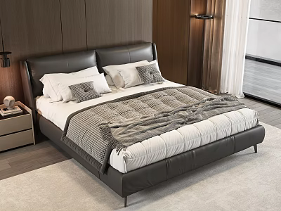 Modern Leather Double Bed With White And Gray Bedding Wooden Wall And Nightstand 3d model