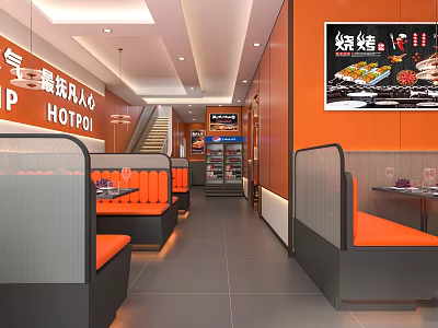 Modern Hotpot Restaurant Interior With Orange Walls Booth Seats And Menu Posters 3d model