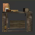 Wooden Carpentry Workbench Setup With Saw Hammer Chisel And Stacked Wooden Logs