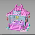 Cute Japanese Style Pink Pavilion with Red Lanterns Family Sign and Green Plants