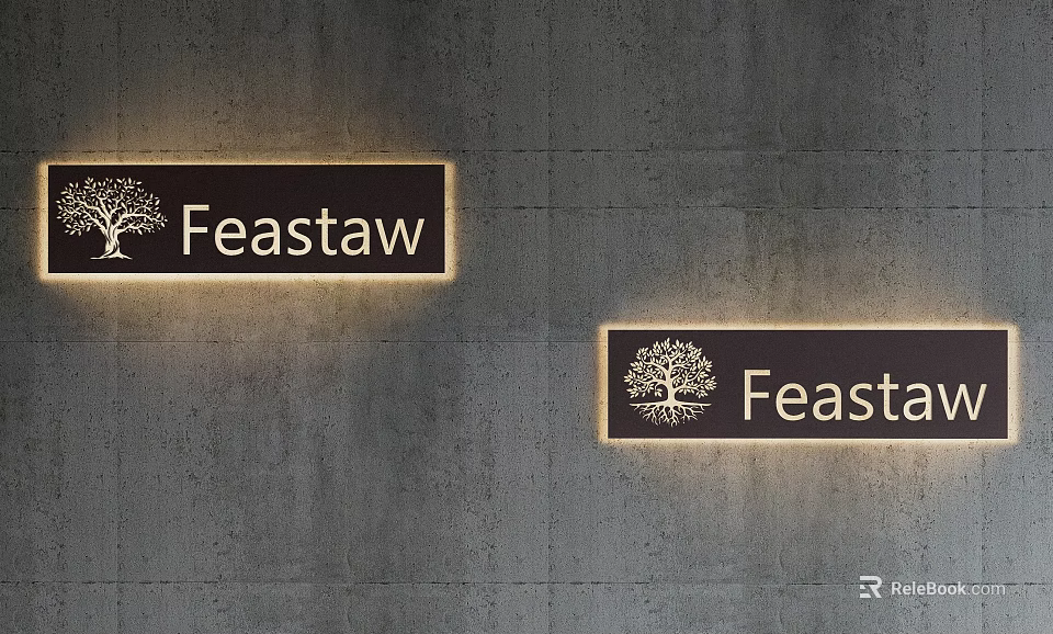 Illuminated Modern Wall Lamps With Feastaw Text And Tree Logo On Gray Wall 3d model 