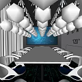 Modern Tech Conference Room With White Table Blue Cushioned Chairs Large Screen And Projector