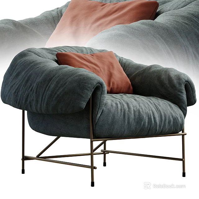 Cozy Dark Blue Single Sofa with Thick Armrests Orange Cushion and Metal Frame 3d model 