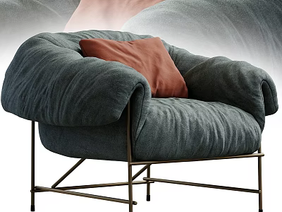 Cozy Dark Blue Single Sofa with Thick Armrests Orange Cushion and Metal Frame 3d model