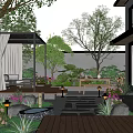 Modern Garden With Wooden Deck Stone Pathway Pergola Lighting And Flowers