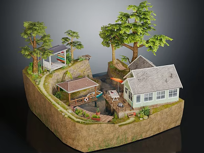 Whimsical Cartoon Scenic Model With Small Houses Tall Trees Wooden Gazebo And Winding Pathways 3d model