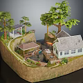 Whimsical Cartoon Scenic Model With Small Houses Tall Trees Wooden Gazebo And Winding Pathways