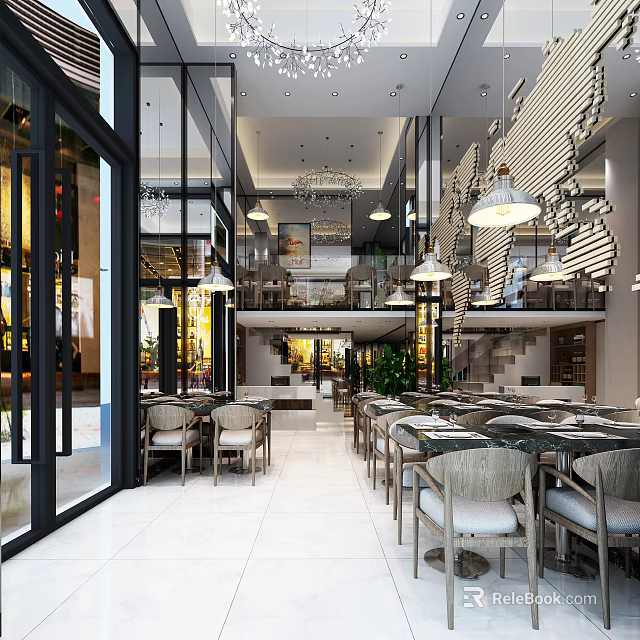 Modern Restaurant Interior With Open Space Glass Windows Hanging Lamps And Dining Tables Chairs 3d model 