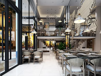 Modern Restaurant Interior With Open Space Glass Windows Hanging Lamps And Dining Tables Chairs 3d model