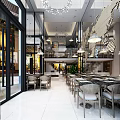 Modern Restaurant Interior With Open Space Glass Windows Hanging Lamps And Dining Tables Chairs