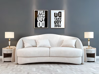 Beige Double Sofa With Cushions And Side Tables Table Lamps Gray Wall Herringbone Floor 3d model