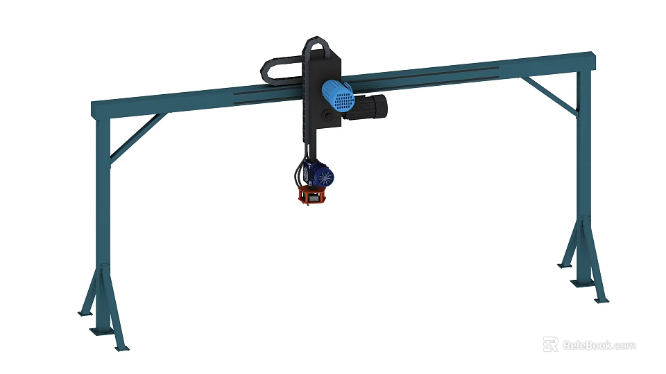 Industrial Gantry Crane Equipment With Metal Frame And Blue Hoist Hook 3d model 