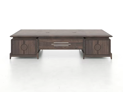 Modern Walnut Wood Office Desk With Flat Top And Circular Handle Cabinet Doors 3d model