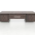 Modern Walnut Wood Office Desk With Flat Top And Circular Handle Cabinet Doors