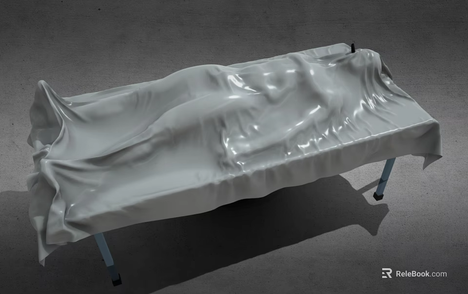 Wrinkled White Cloth Covered Metal Bed Frame With Blue Legs On Gray Floor 3d model 