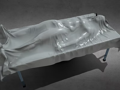Wrinkled White Cloth Covered Metal Bed Frame With Blue Legs On Gray Floor 3d model