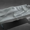 Wrinkled White Cloth Covered Metal Bed Frame With Blue Legs On Gray Floor