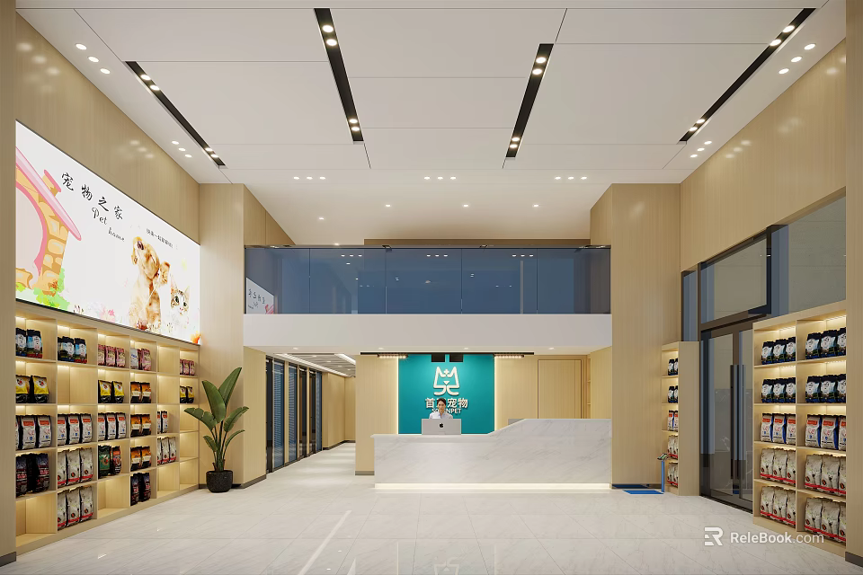 Spacious Pet Supply Store Interior With Front Desk Shelves And Pet Advertisement 3d model 