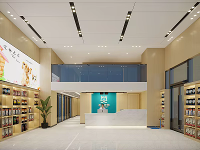 Spacious Pet Supply Store Interior With Front Desk Shelves And Pet Advertisement 3d model