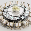 Round Dining Table And Chair Set With Tableware And Floral Centerpiece 3d model