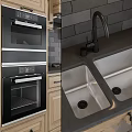 Modern Kitchen With Light Wooden Cabinets Black Appliances And Dark Tile Backsplash
