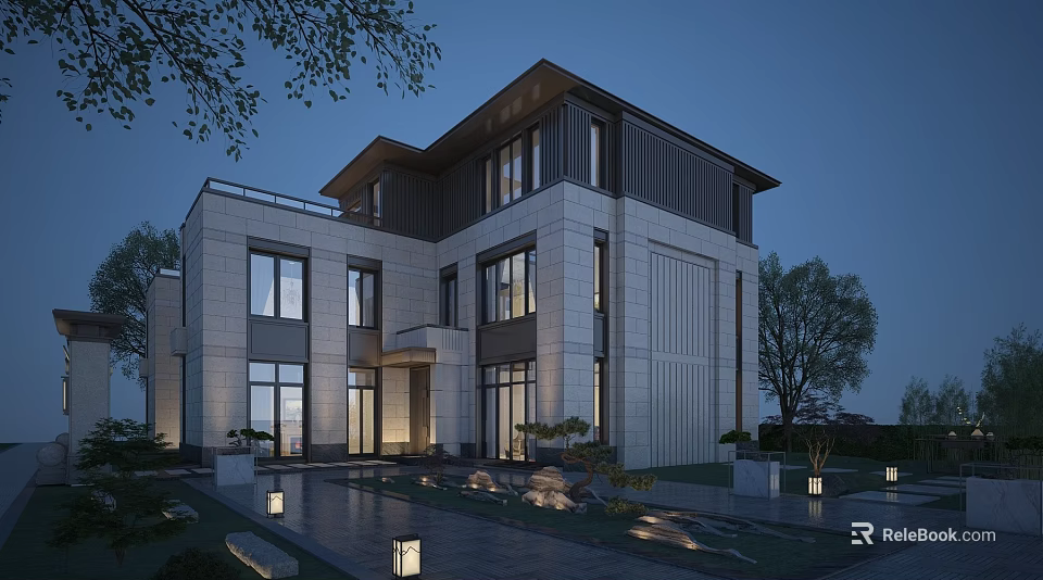Modern Two Story Detached Villa with Stone Facade Glass Windows and Courtyard Lighting 3d model 
