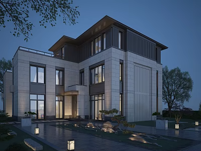 Modern Two Story Detached Villa with Stone Facade Glass Windows and Courtyard Lighting 3d model