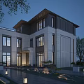 Modern Two Story Detached Villa with Stone Facade Glass Windows and Courtyard Lighting
