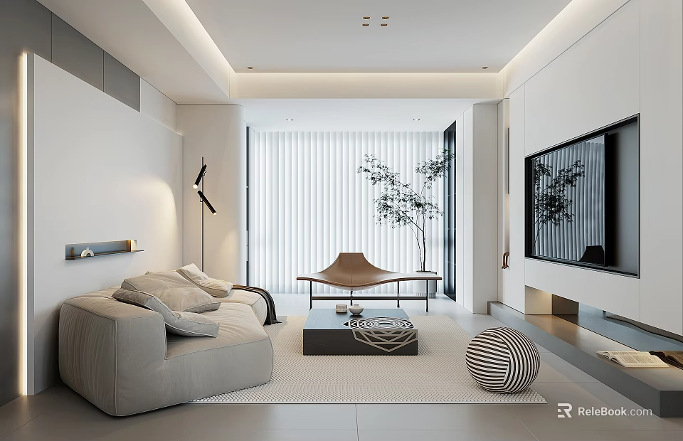 Modern Minimalist Living Room Interior With Light Gray Sofa Coffee Table Floor Lamp And TV Cabinet 3d model 