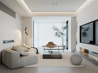 Modern Minimalist Living Room Interior With Light Gray Sofa Coffee Table Floor Lamp And TV Cabinet 3d model