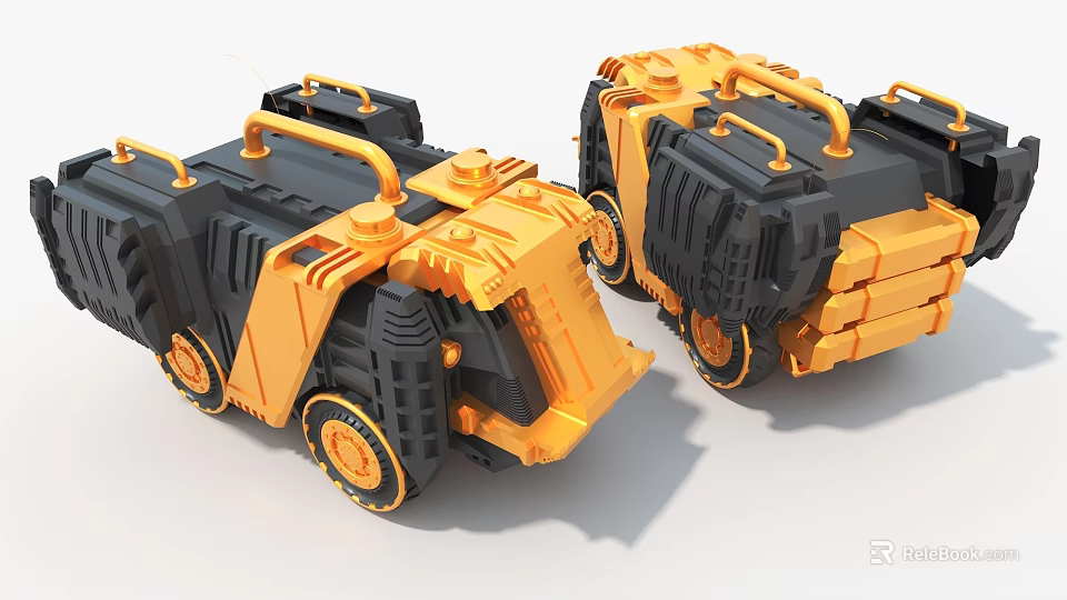 Orange and Black Sci Fi Style Mechanical Vehicles Art Installation With Complex Structure And Wheels 3d model