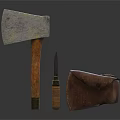 Handcrafted Stone Head Axe With Wooden Handle Small Knife And Leather Pouch